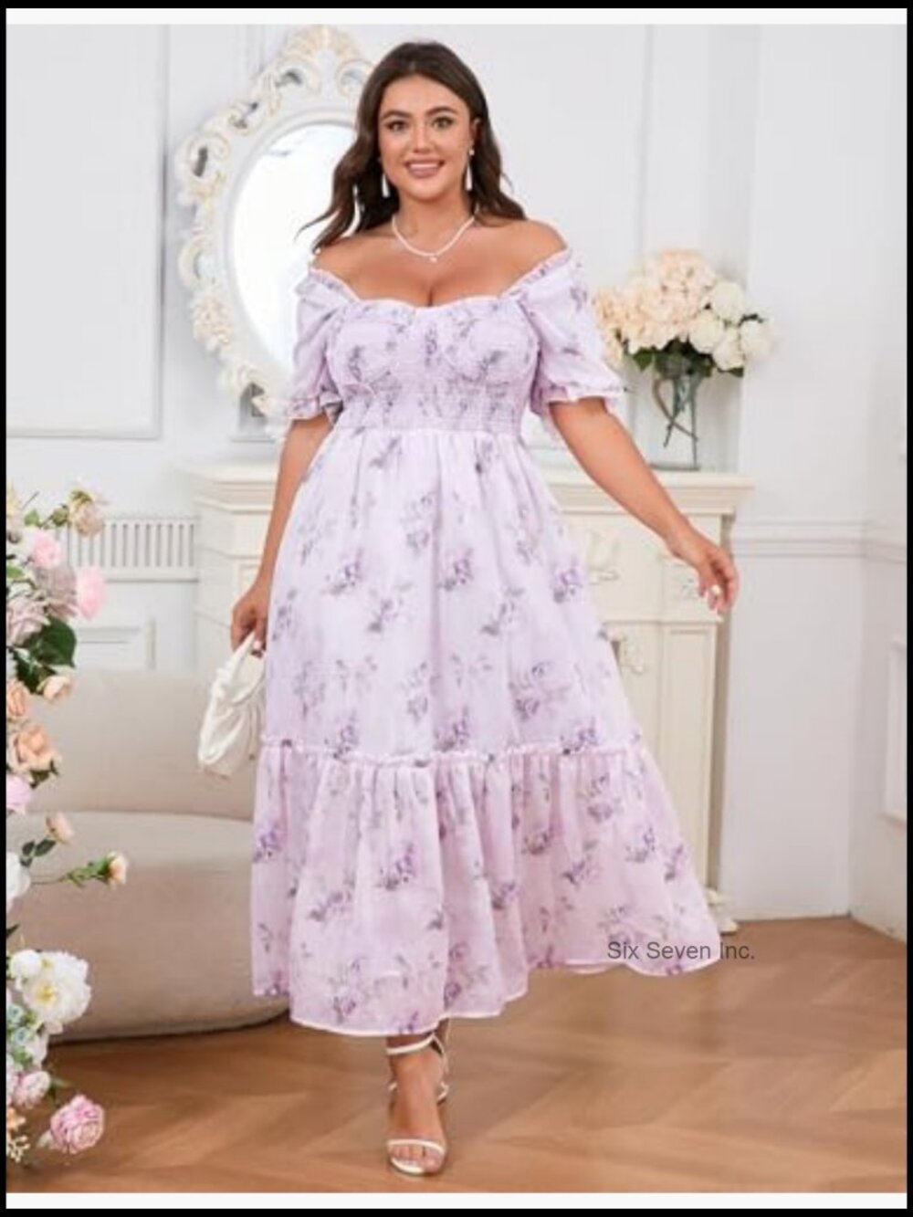 Plus Size Floral Maxi Dress with Puff Sleeves and Smocked Corset - Picture 5 of 7